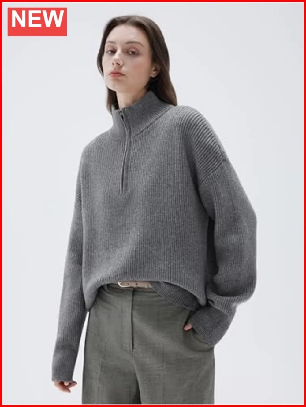 Cashmere Blend Oversized Quarter Zip Pullover Sweater Mock Neck Loose Fit Women